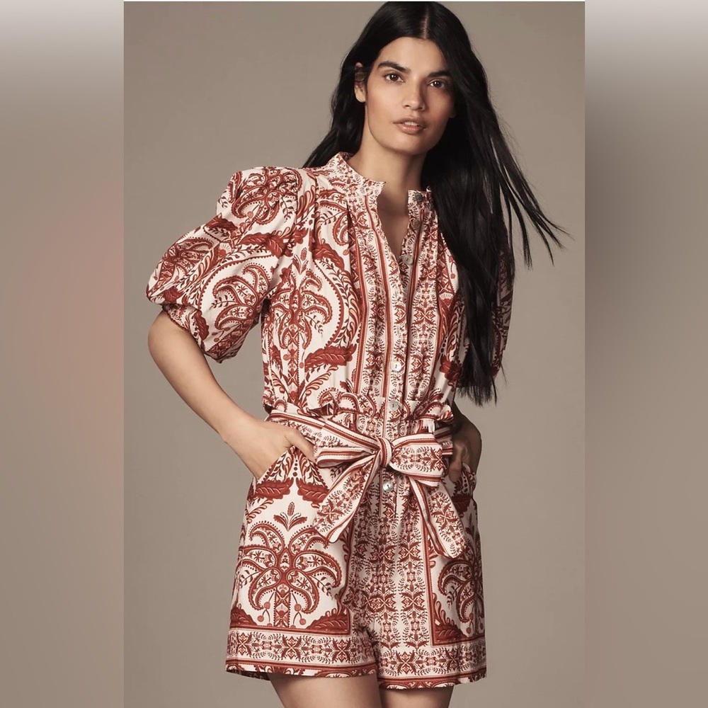 FARM Rio Rust and Cream Printed Tie-Waist Jumpsuit